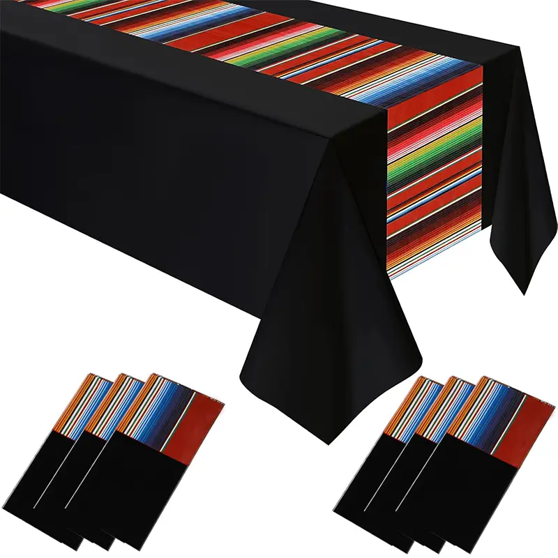 Striped Rectangular Mexican Fiesta Tablecloth, 54x108 in Large Fit Waterproof Plastic Table Cover, Dia de los Muertos, Cinco de Mayo Party Supplies