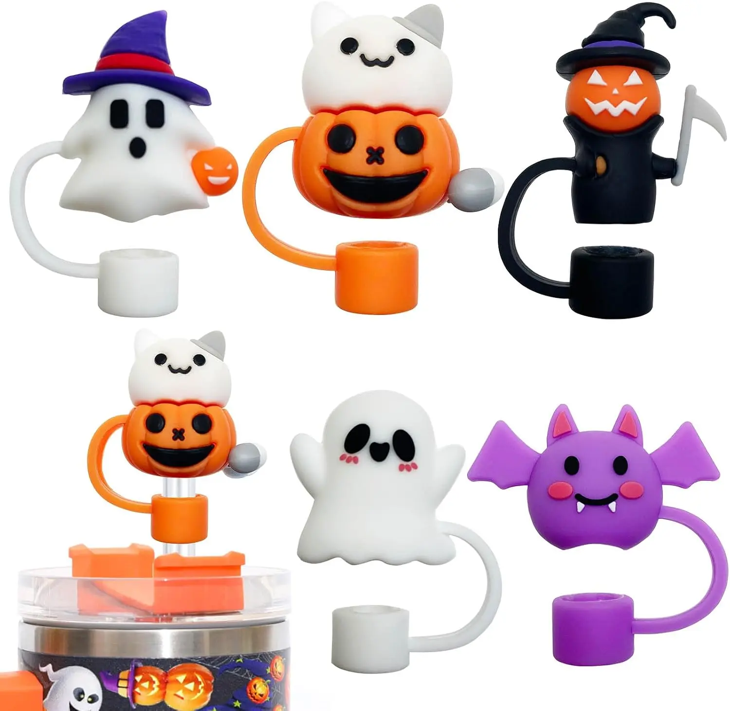 5PCS Halloween Straw Cover Cap for Stanley Cup, Silicone Straw Topper for Stanley 30&40 Oz Tumbler with Handle, 10mm 0.4in Dust-Proof Reusable Straw Tips Lids for Halloween Gifts. (Color 2)