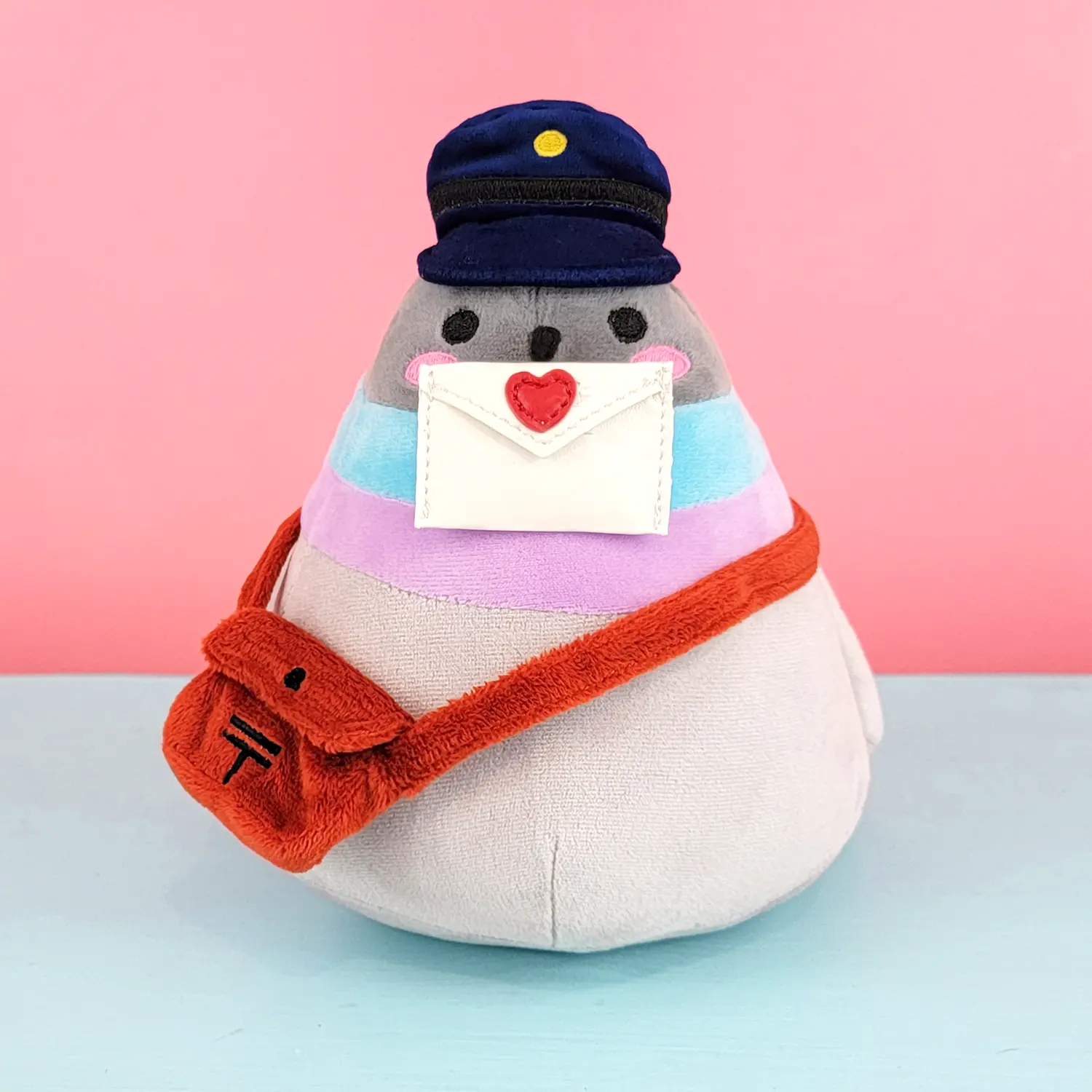 Poe Plushie - Pigeon Stuffed Animal Bird Cute Soft Minky Fabric with Velvet Hat, Magnetic Letter, Stitched Delivery Bag, 10" Long x 8" Tall (25x20cm)