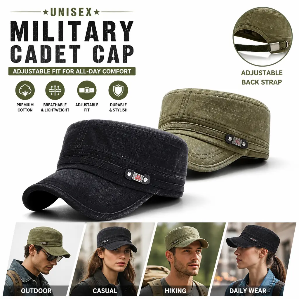 Vintage Cadet Military Cap with Vintage Metal Badge - Washed Cotton, Adjustable Flat-Top, Lightweight Breathable UV Resistant UPF 50+ Unisex Outdoor Sun Shield Hat (21.6-23.6 in, Buckle) for Hiking, Daily Use - Mid Year Sale Restock