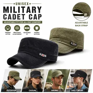 Vintage Cadet Military Cap - Washed Cotton Adjustable Flat Top Hat, Lightweight Breathable Sun Shield (21.6 to 23.6 Inches, Buckle) UPF 50+ for Hiking, Daily Use - Mid Year Sale Restock