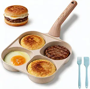 Multifunctional Non-stick Egg Frying Pan, Wooden Handle 4-Hole Skillet, Medical Stone Omelet & Pancake Maker for Quick Breakfast, Burgers, and Home Cooking