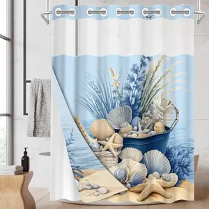 1PC/4PCS 2D Printing Blue and White Beach Shells and Starfish Patterned shower curtain, home bathroom decor, Bathroom Decoration Accessories, shower curtain set with 12 hooks, non-slip bathroom rug, U-shaped toilet seat cover