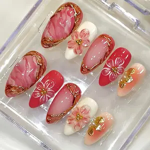 Reusable Almond Nail Stickers, Press-On False Nails, 3D Flower Gradient, Handmade Rhinestones, for Women and Girls