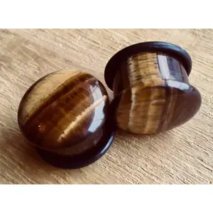 PAIR of Stunning Tiger Eye Single Flare Stone Plugs with O-Rings - Gauges 4g (5mm) up to 5/8" (16mm)