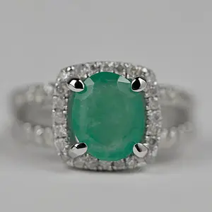 14k White Gold Oval Emerald Ring – 2.09ct Emerald with 1.26ct Diamond Halo