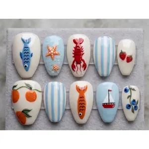OCEAN BREEZE | Cute Marine & Lobster Press On Nails | Summer Fish & Fruit Illustration Fake Nails | Nautical Sailor Aesthetic | Custom Fun 3D Handmade Coffin Set 2026