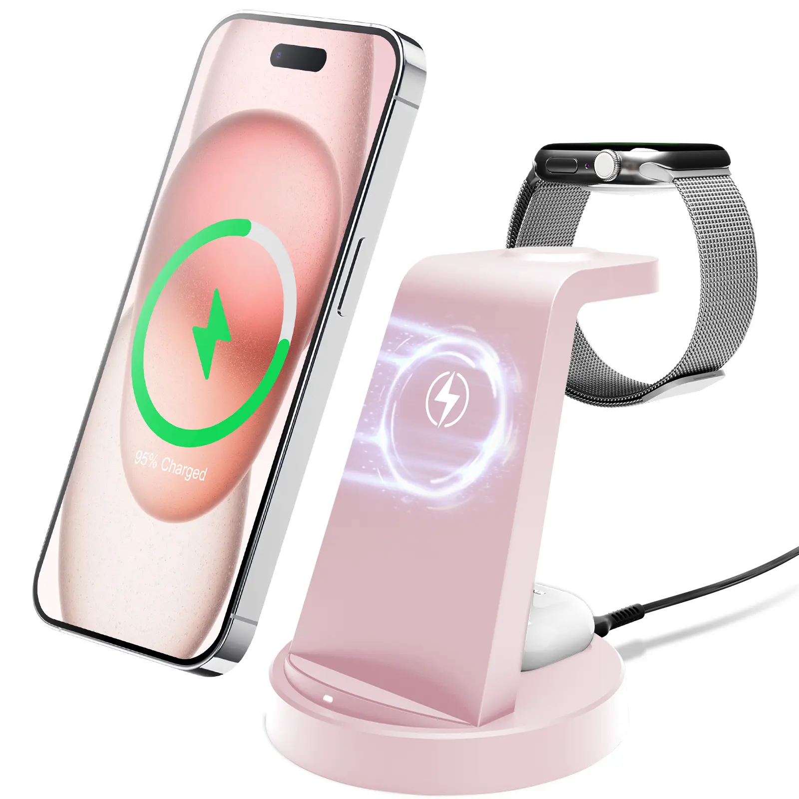 3-in-1 Wireless Charging Station for iPhone 17 16e 16 15 14 13 12 11 X Pro Max & Apple Watch - 15W Fast Charger for AirPods 4 3 Pro - Magnetic & Standard Versions - Safe & Case Friendly - Black Pink White Blue Smartphone Pad tiktokshopbacktoschool