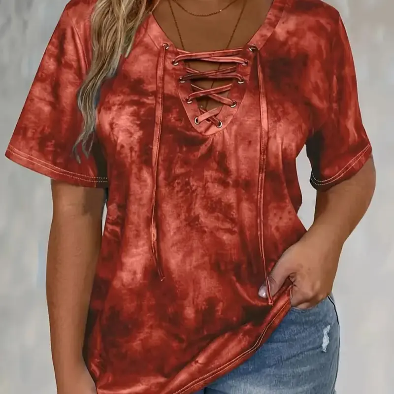 [Plus Size] Tie Dye Print Lace Up Tee, Casual Short Sleeve Fitted T-shirt for Summer, Women's Clothing for Daily Wear, Womenswear, Top, Lady, Casual Everyday Tops