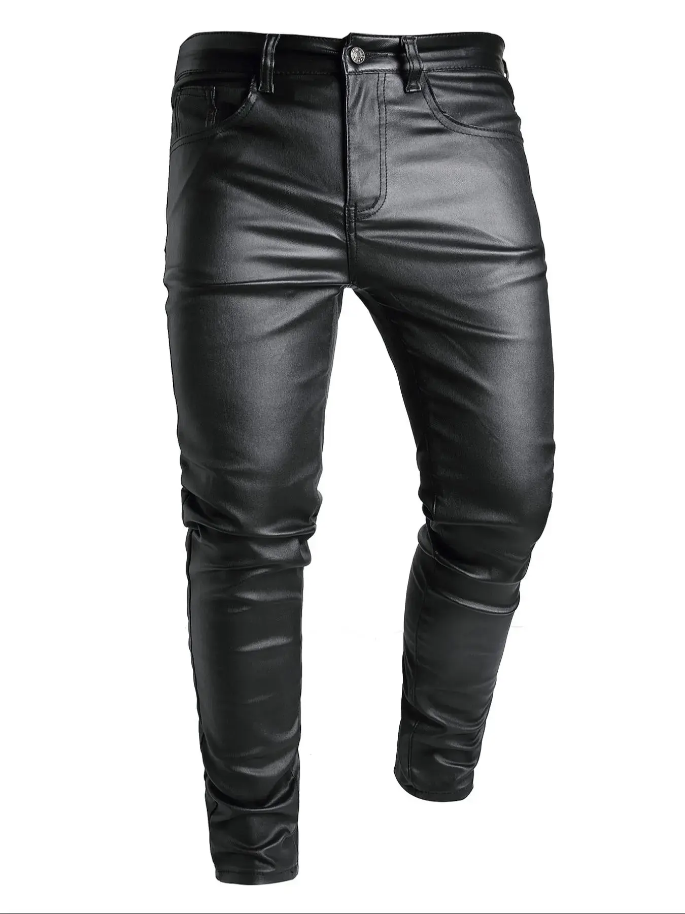 Men's Solid Color PU Leather Pants, Street Fashion Comfy Pocket Trousers for Daily Wear, Men's Tight-Fitting Bottoms for All Seasons, Casual Skinny Pants, Streetwear