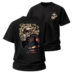 Born In A Bar T-Shirt, 2 Sides Skeleton Marine With Beer Graphic, 1775 USMC Tribute, Soft Cotton Blend Shirt for Men & Women, Patriotic Gift for Veterans & Patriots