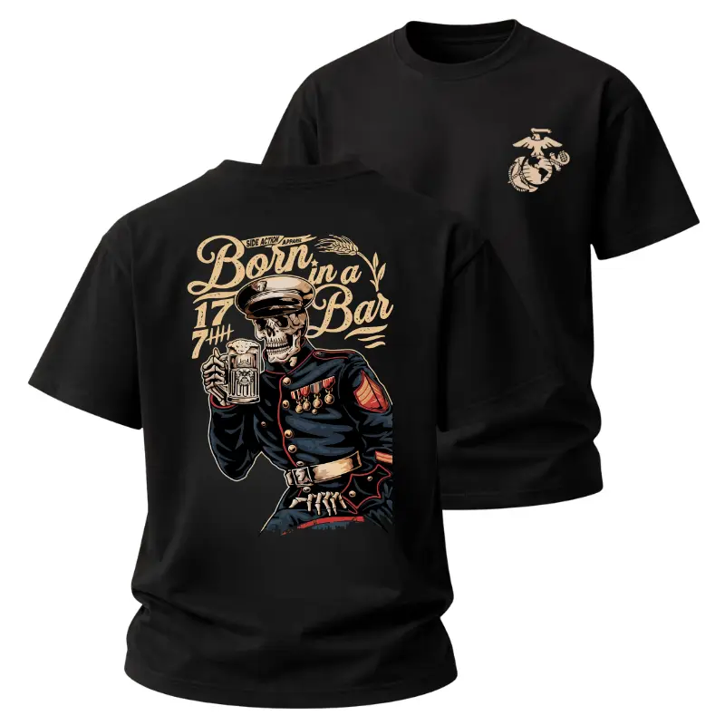 ⚓🍺Born In A Bar T-Shirt, 2 Sides Skeleton Marine With Beer Graphic, 1775 USMC Tribute, Soft Cotton Shirt for Men & Women, Patriotic Gift for Veterans & Patriots