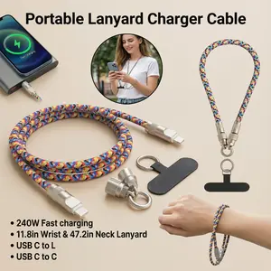 240W Bracelet Lanyard Charger Cable Anti Theft Phone Strap for Type-C to Type-C & Type-C to USB-L whit Wrist & Neck Version Fast Charging Lanyards for IPad case iPhone 17 Pro case Phone gen case anti-drop lanyard
