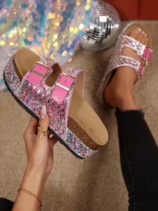 Women's Colorful Rhinestone Buckle Sandals, Soft Sole Non-Slip Beach Shoes, Versatile Height-Boosting Slippers, Pool Party Footwear
