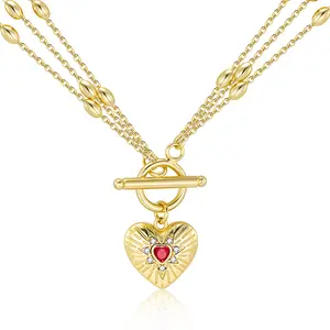 ALEXCRAFT 14K Gold-Plated Heart Necklace for Women — Red Zircon Inlay — Fashion Statement Piece — Heart-Shaped Jewelry — Mother's Day Gift — Birthday Gift