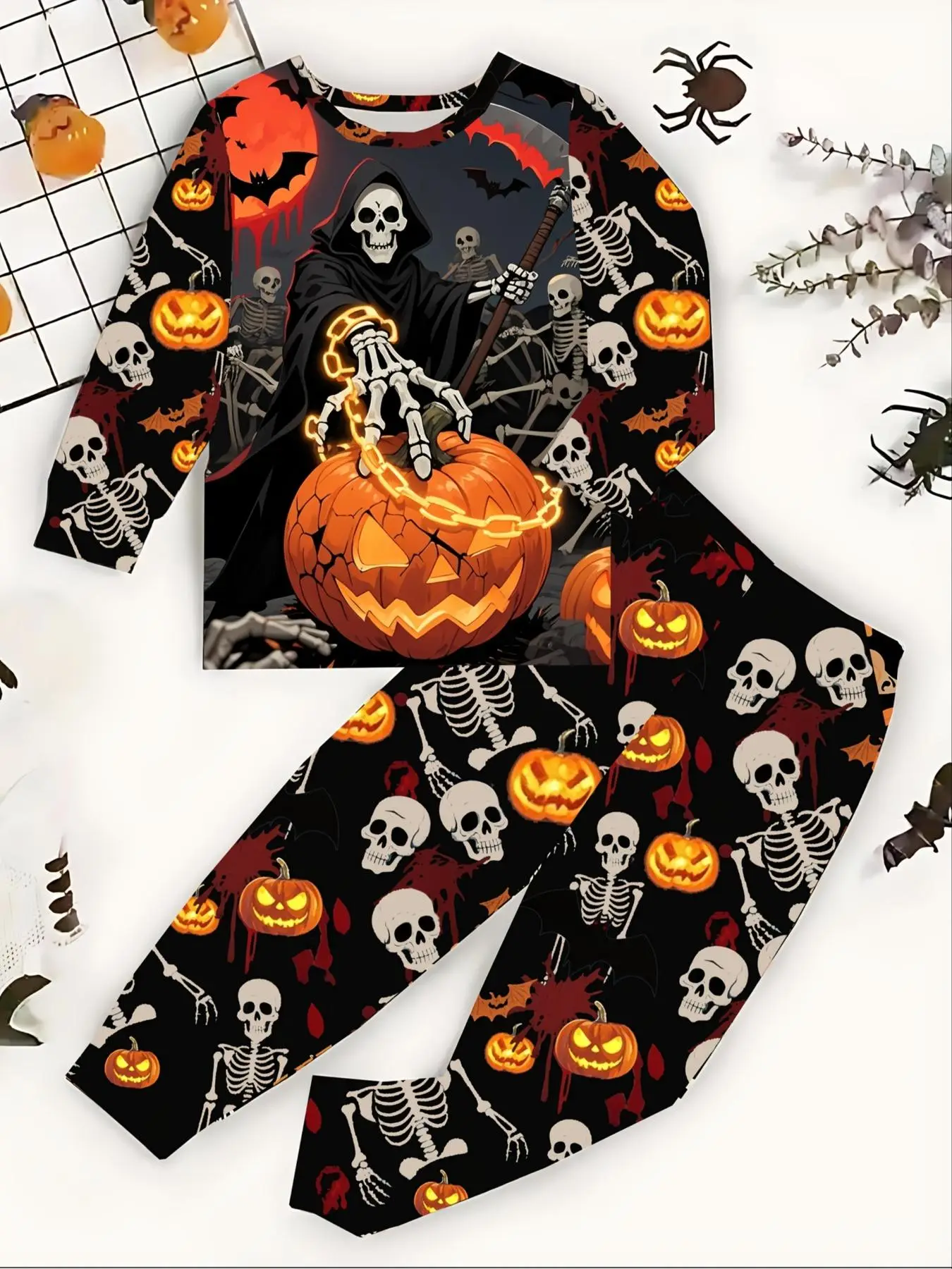Two-piece Set Boy's Halloween Themed Clothing Set , Casual Skeleton Print Long Sleeve Pullover & Elastic Waist Pants, Kids Fall & Winter Clothes