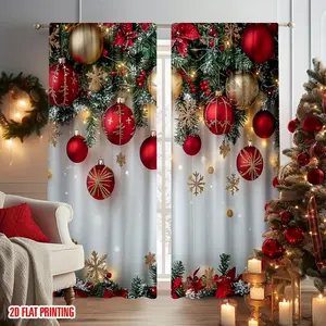 2-Piece Festive Christmas Party Curtains - Red and Gold Balls, Pine Branches and Snowflake Design, Suitable for Living Room Bedroom Study Home Decor, Perfect for Holiday Celebrations, New Year and Seasonal Home Decor, Christmas Decor