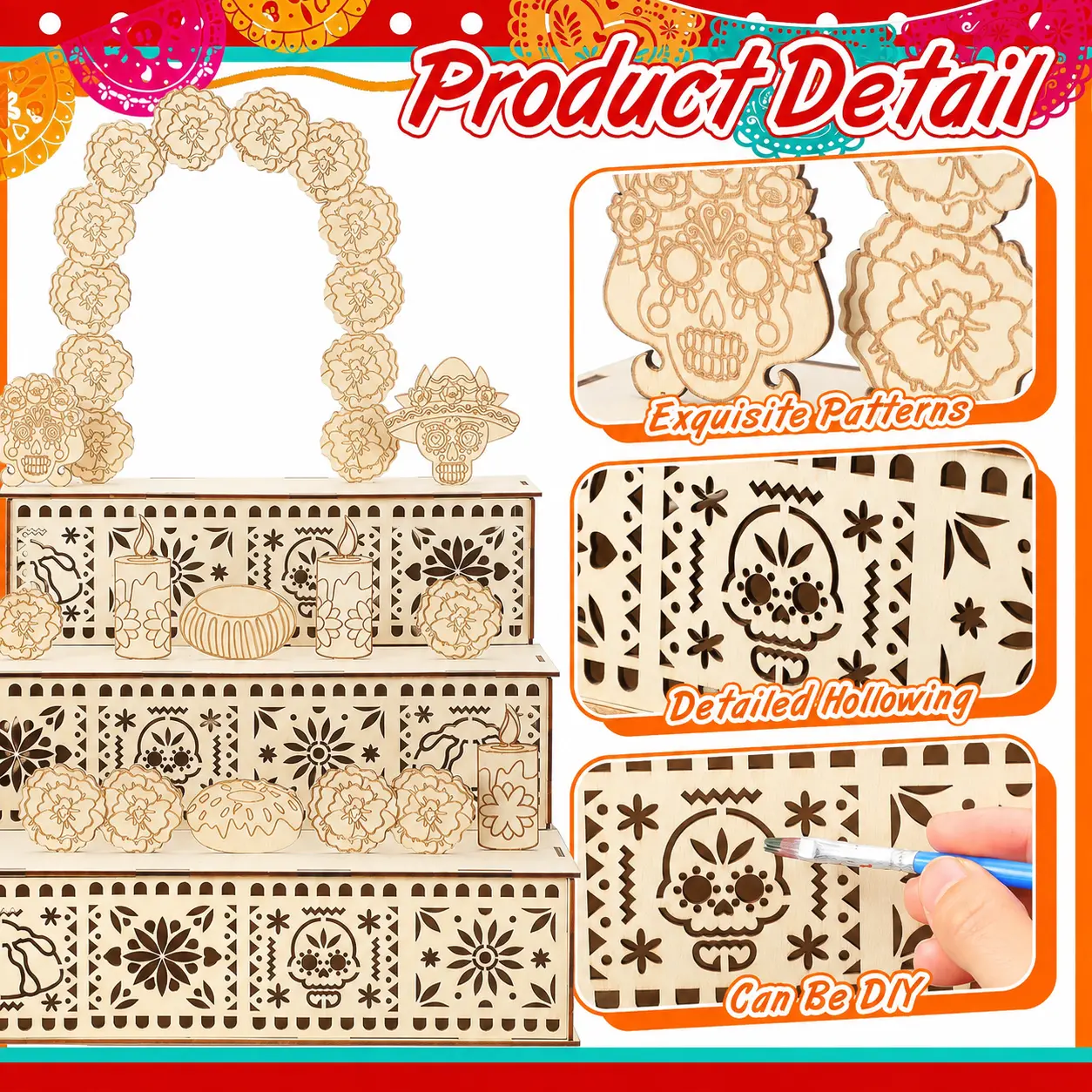 Close-up wooden cutout details on Day of the Dead altar