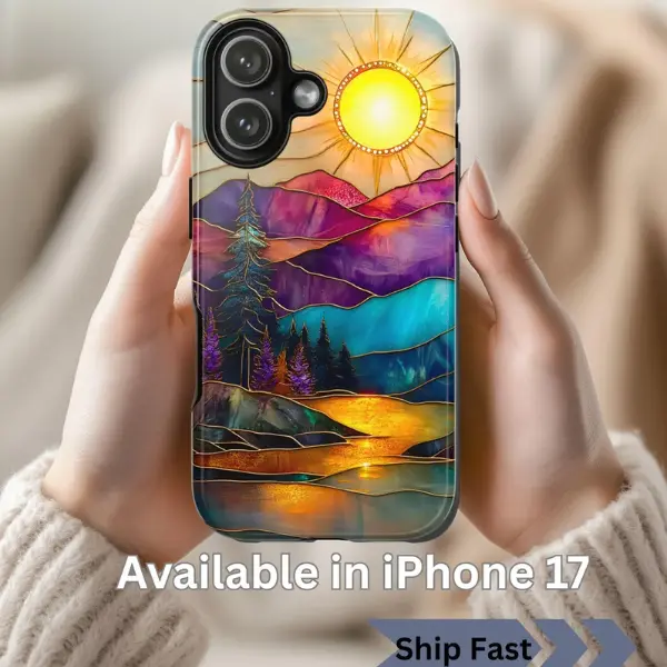 Mountain Sunrise Stained Glass Print Tough Phone Case, iPhone Samsung Tough Phone Case, Nature Marble Art, 3D Glass Art Tough Phone Case