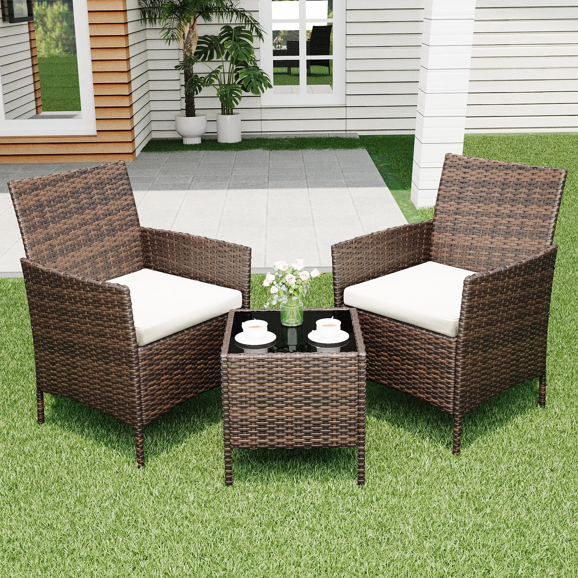 3-Piece Patio Furniture Set, Outdoor Conversation Set with 2 PE Rattan Chairs, Soft Cushions & Glass Coffee Table for Garden, Deck, Poolside, Courtyard