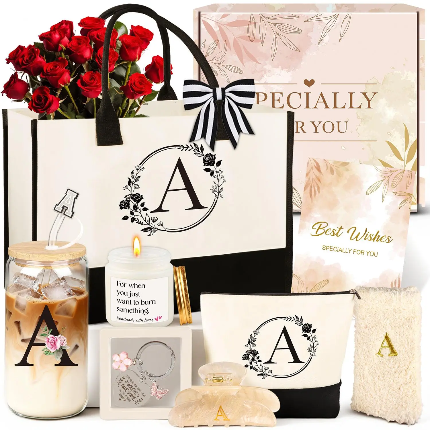 Personalized 10PCS Birthday Gift Set Canvas Tote Makeup Bag Glass Tumbler Hair Clip Candle Holder Basket Unique Present for Mom Wife Bestie Teacher Woman Her