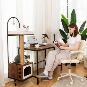 Cat Tree in Computer Desk,Vintage Simple Home Office Desk with Cat Scratching Post and Cat Condo,Cat House,51.6 Inches Office Table,Cat Bed for Indoor Cats,Gaming Desk with cat,Rustic Brown