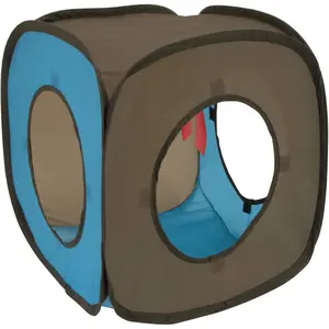 Pop-Up Rolling Cat Cube & Tunnel Toy Collapsible Indoor Cat Play Cube with Peekaboo Openings & Hanging Tassel Lightweight Foldable Cat Furniture - Blue/Brown
