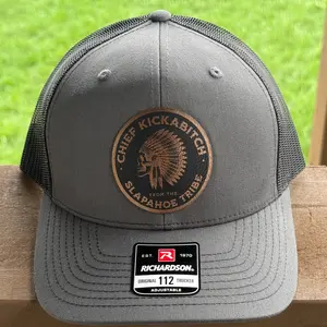 Funny Chief Kickabitch Hat – Edgy Leather Patch Trucker Cap – Gag Gift for Him, Biker Humor, Veteran Owned, Bold Statement Hat menhats