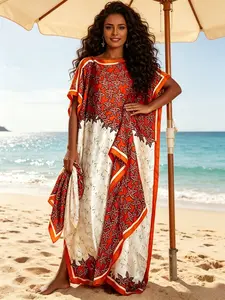 1dress+1scarf orange white contrasting starfish print Ocean long robe dress set in plus size boat collar, loose and meat blocking long dress+scarf set, vibrant and luxurious vacation style long skirt, Kaftan long robe, bohemian style
