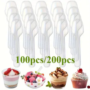 100/200pcs Transparent Dessert Spoons - Transparent Cake Spoons, Ice Cream, Pudding, Appetizer Spoons, Suitable for Parties, Thick and Durable Reusable Tasting Spoons, Suitable for Weddings, Birthdays, Catering Events, Parties, Wedding Tableware, Modern T