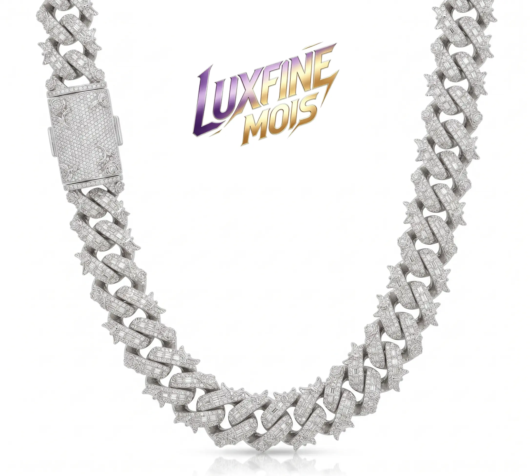 11.LUXFINE MOIS 15mm Iced Out Cuban Necklace with Dove & Rose Design,Baguette & Round Encrusted Hip Hop Necklace for Men, Tarnish-Resistant Gold Tone Streetwear Jewelry
