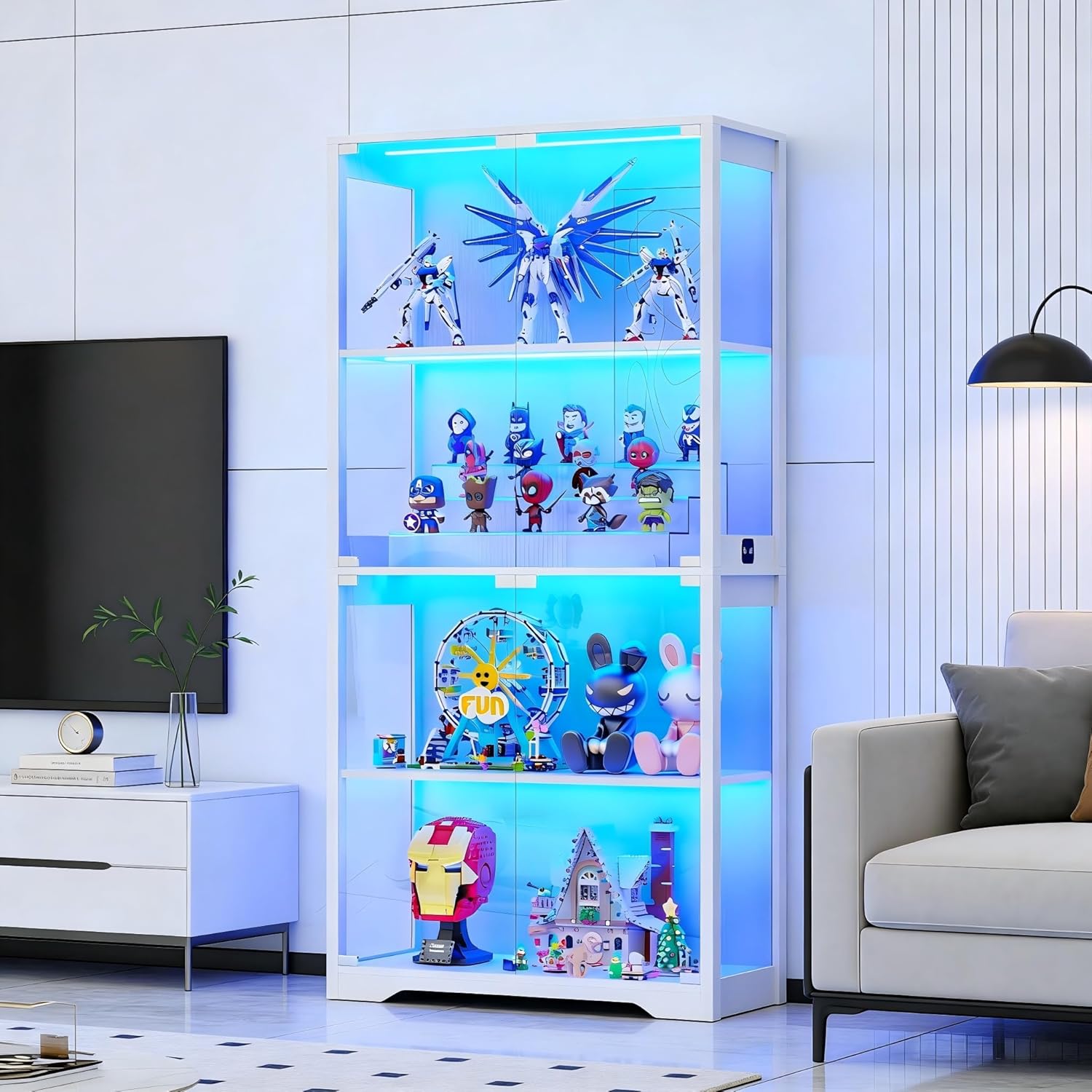 BROTTAR Display Cabinet with Glass Doors, 4-Tier Curio Cabinet with 3 Color Lights for Collectibles, Glass Display Case with Human Body Sensor, Bookcase with 4 Shelves, Storage Cabinets, White,Gray,Black BROTTAR Display Cabinet with Glass Doors, 4-Tier Curio Cabinet with 3 Color Lights for Collectibles, Glass Display Case with Human Body Sensor, Bookcase with 4 Shelves, Storage Cabinets, White,Gray,Black