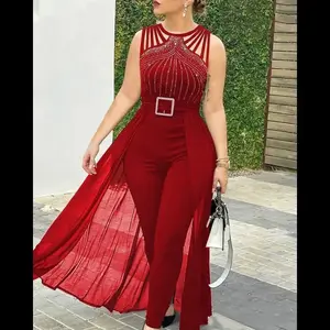 Black sleeveless tie-strap rhinestone design waist-hugging mesh mop jumpsuit(Sheets)