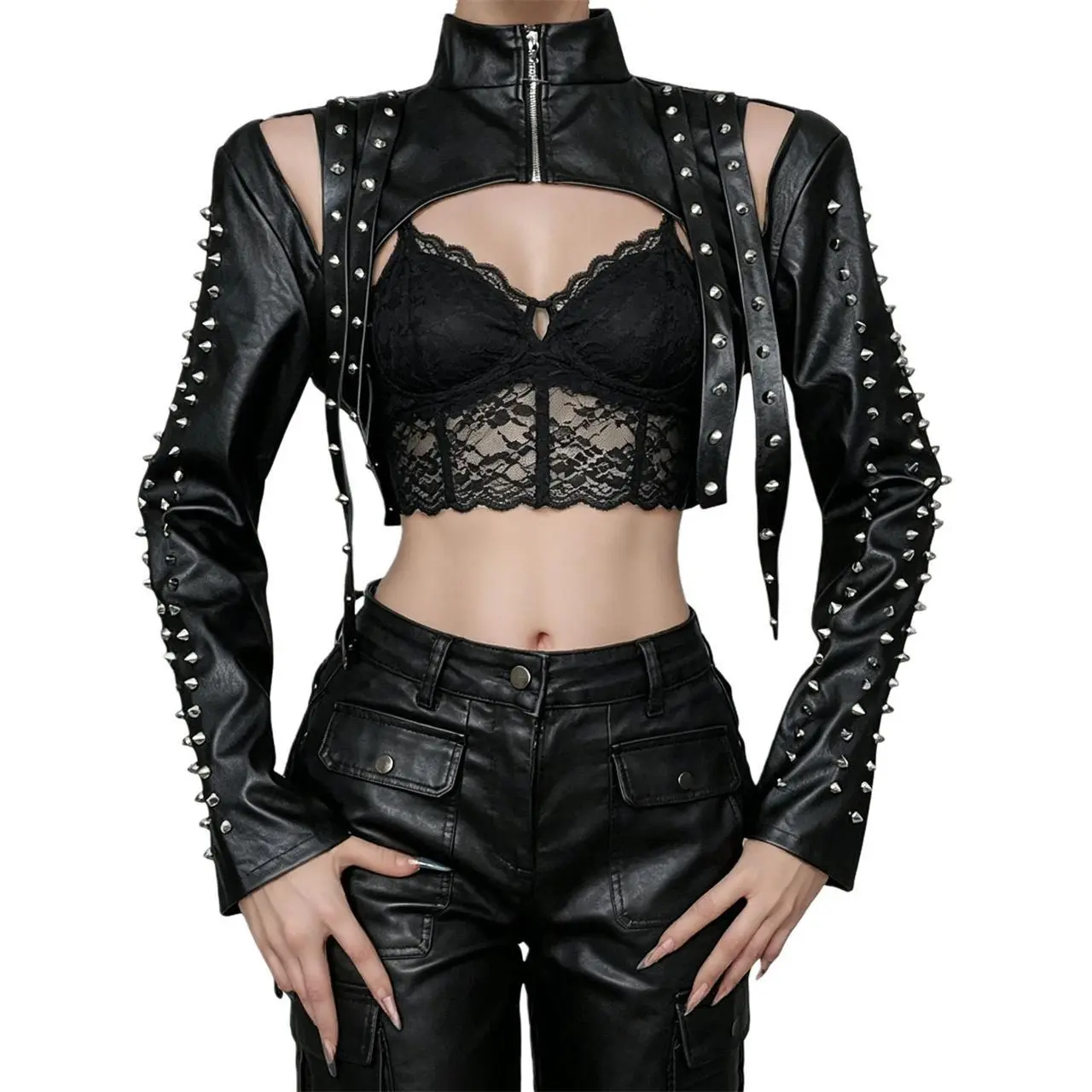 Women's Steampunk Short Crop Shrug Cardigan - Black Leather, High Mock Neck, Long Sleeve, Zipper Cutout, Gothic Rave Bolero Top for Dressy Occasions