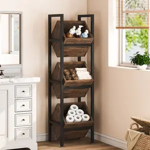 New LITTLE TREE Basket Stand, 3 Tier Wood Shelving Unit with Baskets, Rustic Vertical Standing Basket Storage Tower for Kitchen Bathroom Living Room Portable Bar Organiser Rack