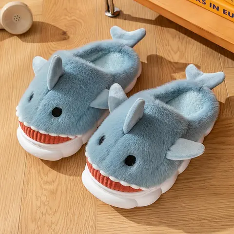 Men's Cute Fluffy Cartoon Shark Design Plush Home Slippers, Casual Soft Fuzzy Plush Pillow-like Comfortable Home Slippers, Warm & Cozy Slippers for Fall & Winter Wear, House Shoes, Footwear, Indoor Slippers