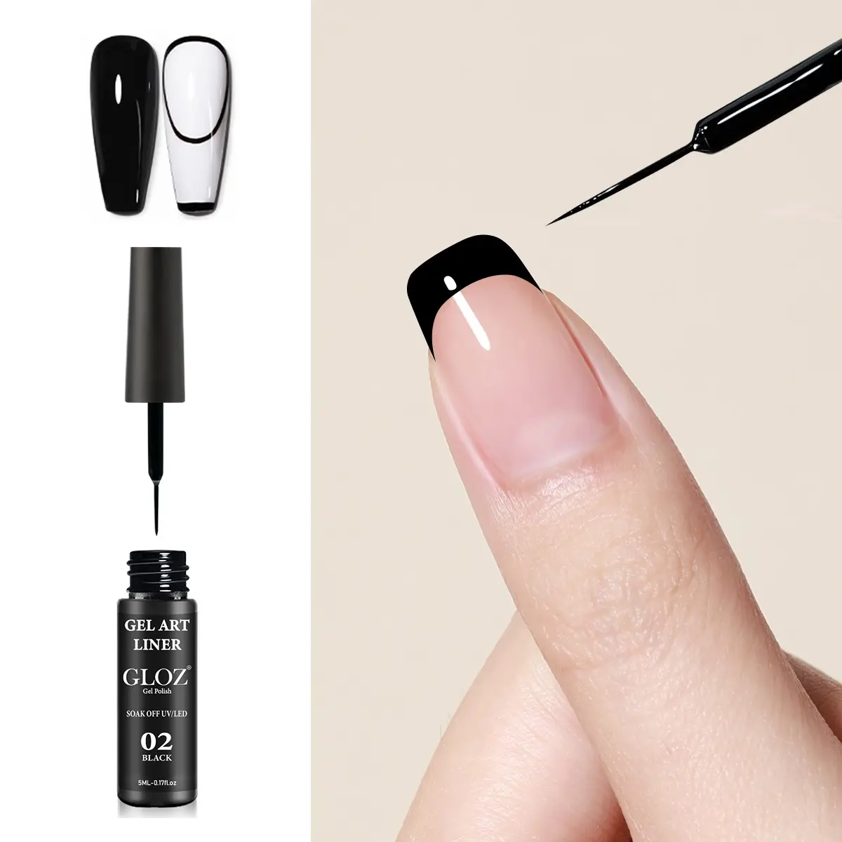 GLOZ Professional Nail Art Liner Gel Polish, Long-Lasting & Low Odor Gel Nail Polish with Precision Brush Tip for Nail Lines, Patterns & French Manicures, Top Gloss, Salon, French Tips Gel
