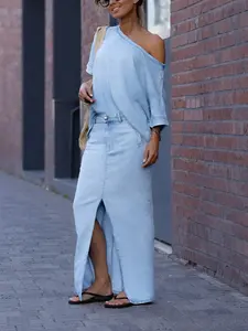 Midiross Women's Round Neck Tencel Denim Casual Suit