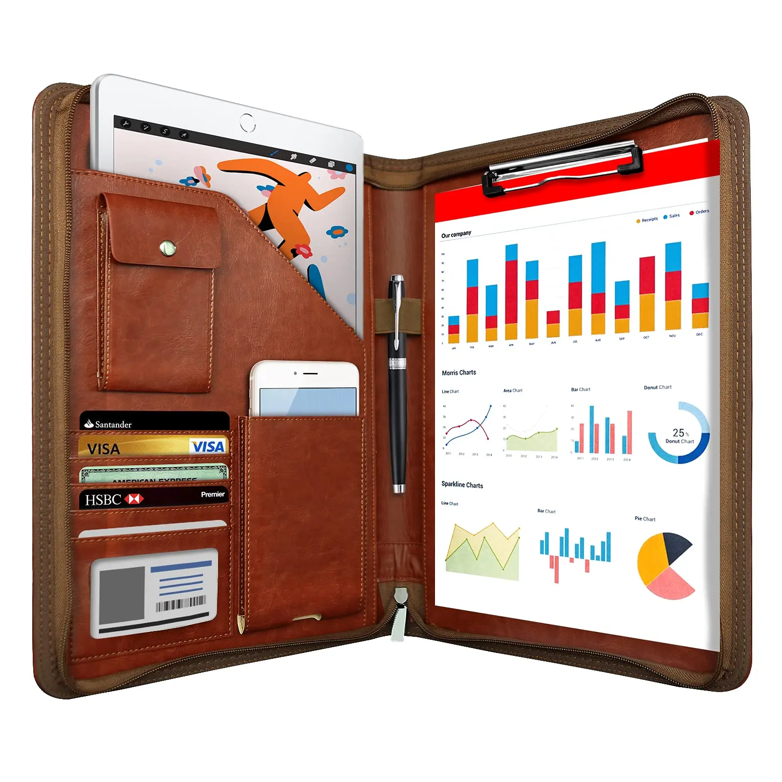 Padfolio Organizer, WRIYES Leather Planner Binder, 10.2 Inch Portfolio Folder for Documents, Letter Size Business Card Holder for Men&Women (Brown)