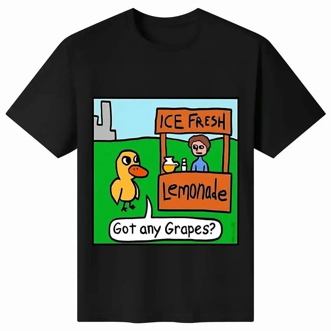 Humorous Duck Lemonade and Grapes Graphic T-Shirt, Cute Funny Animal Fruit Tee, Unisex Casual Daily Wear Cotton Short Sleeve Top