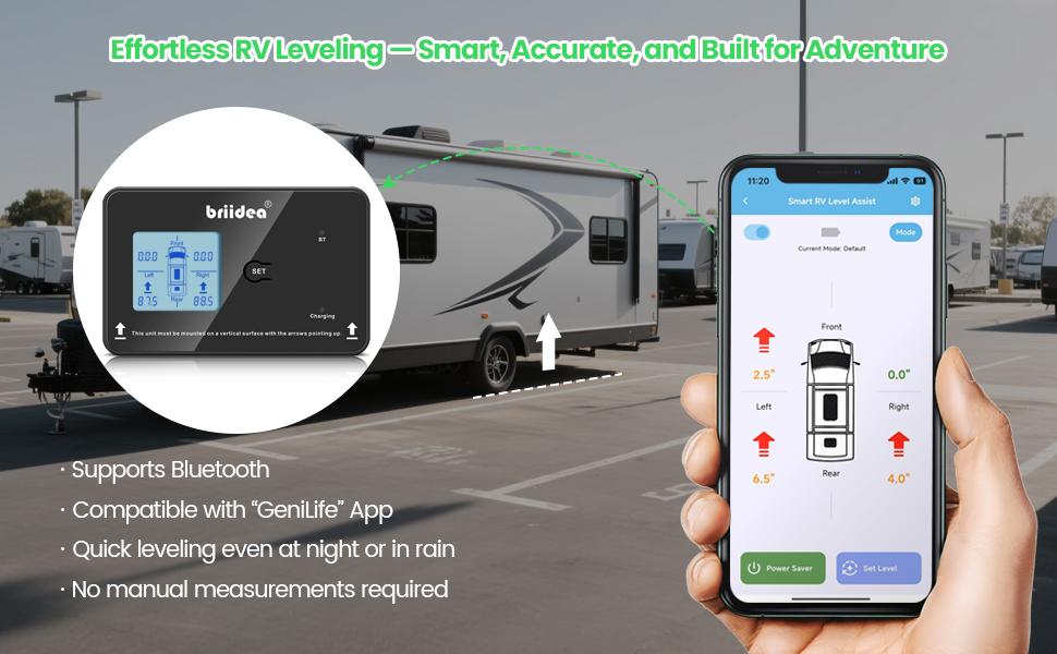 briidea Wireless RV Auto Leveling System, Smart Bluetooth App Control, 5 Custom Preset Modes, Dual Power Supply, Easy DIY Installation for Motorhomes, Trailers, Campers, and 5th Wheels