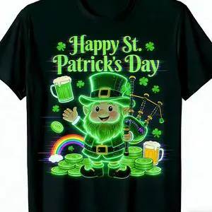 Happy St. Patrick's Day Neon Glow Leprechaun" Vibrant Irish T-Shirt, black with a glowing green leprechaun playing bagpipes, beer, and rainbow, lightweight and breathable cotton. Great for eye-catching St. Patrick's Day parades, night events, and casual w