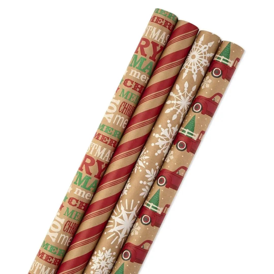 Christmas Wrapping Paper Bundle with Cut Lines on Reverse, Kraft (Pack of 4, 88 sq. ft. ttl) Red Trucks, Snowflakes, Stripes, Merry Christmas (5JXW1038)