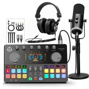 Squarock M100 Complete Set Podcast Equipment Bundle, RGB Audio Interface Mixer with Dynamic XLR/USB Microphone, Desktop Stand, Noise Reduction, Voice Changer, for Vocal Recording, Podcasting, Streaming, Gaming