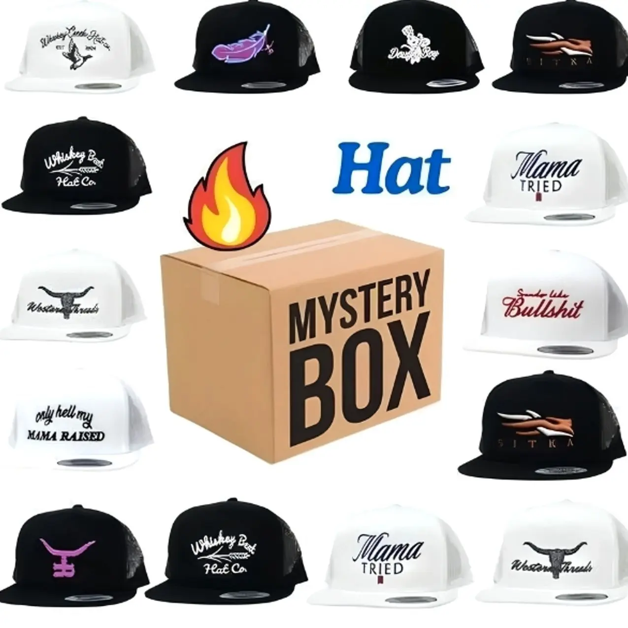 Funny One Hats Mystery Box Random Hat Sent Bull Hat, Mama Tried Happy, Whiskey Creek, Feathered Outlaw, Dough Boy, Standin on Snapback