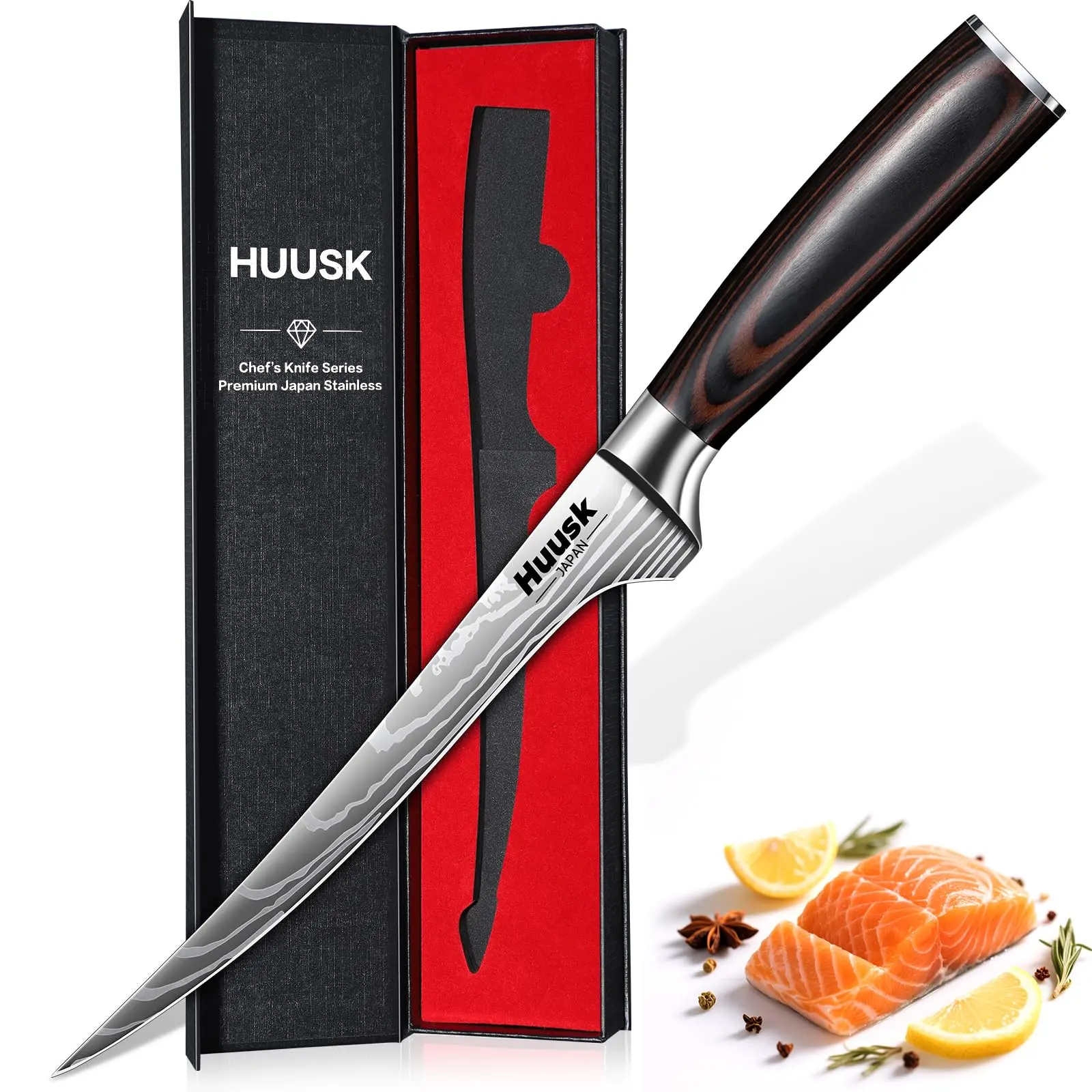 Huusk 7" Filet Knife – Flexible Fish Boning Knife with Wood Handle, Japanese Style for Meat, Poultry & Fish Cutting