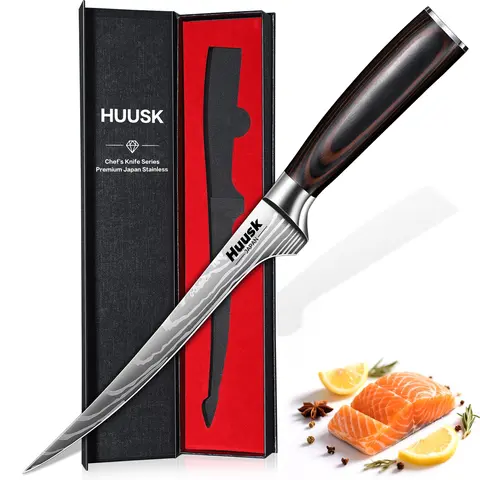 Huusk 7" Forged Flex Fillet Knife - Japanese Stainless Steel Hand-Sharpened Flexible Blade, Durable Ergonomic Wood Handle, Laser-Etched Design for Meat Cutting, Ideal for Anglers, Culinary Gift