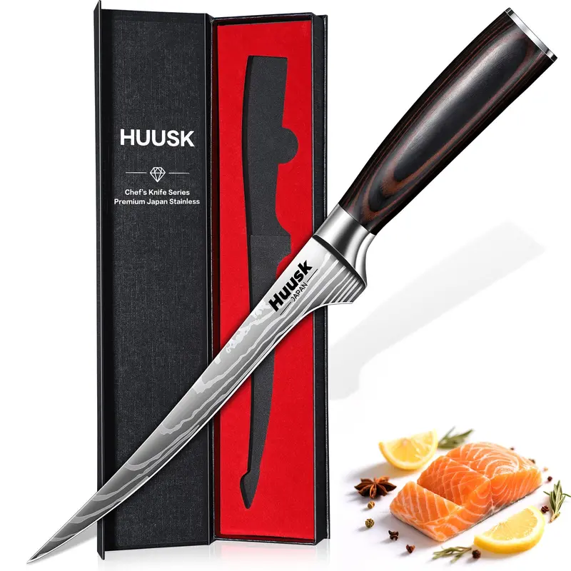Huusk 7" Flex Fillet Knife - Japanese Stainless Steel Hand-Sharpened Flexible Blade, Durable Ergonomic Wood Handle, Laser-Etched Design for Meat Cutting, Ideal for Anglers, Kitchen Mastery, Surgical Precision Cooking Knives