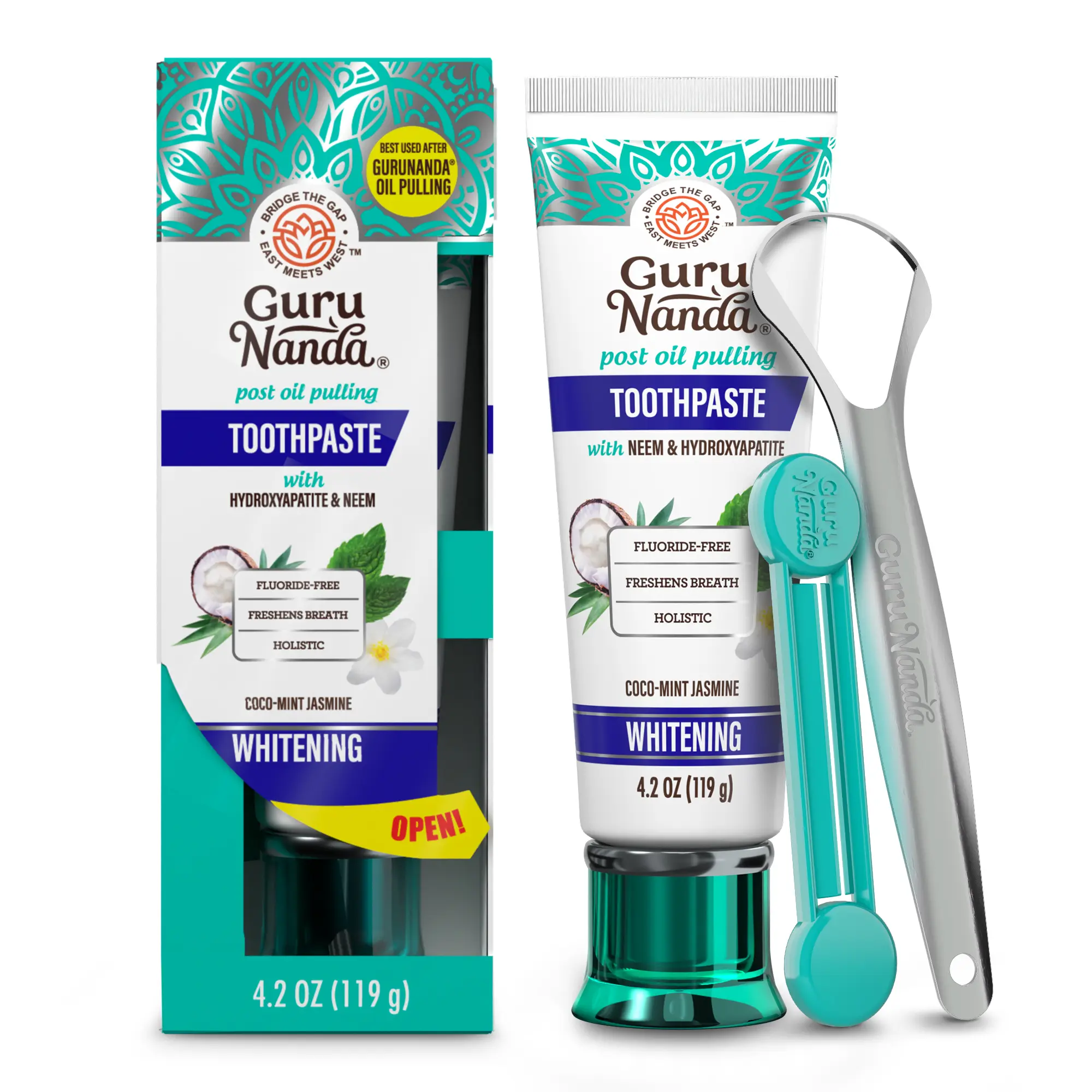 GuruNanda Hydroxyapatite Neem Whitening Toothpaste, SLS & Fluoride Free, Freshens Breath & Fights Plaque, Natural CocoMint Jasmine, 4.2oz