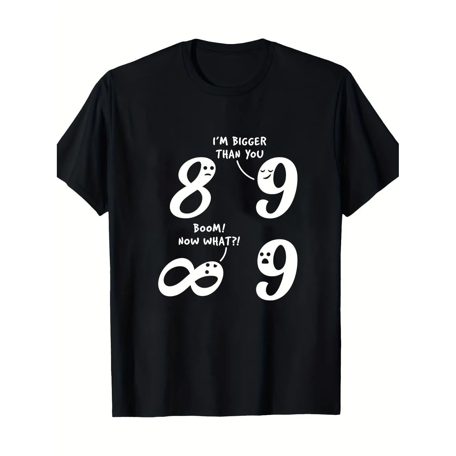 Math Themed Pattern Cotton T-Shirt for Men and Women Featuring I M Bigger Than You and Infinity Symbol Casual Black Short Sleeve Crew Neck Design Suitable for Outdoor Wear Halloween Costume and Teacher Gift